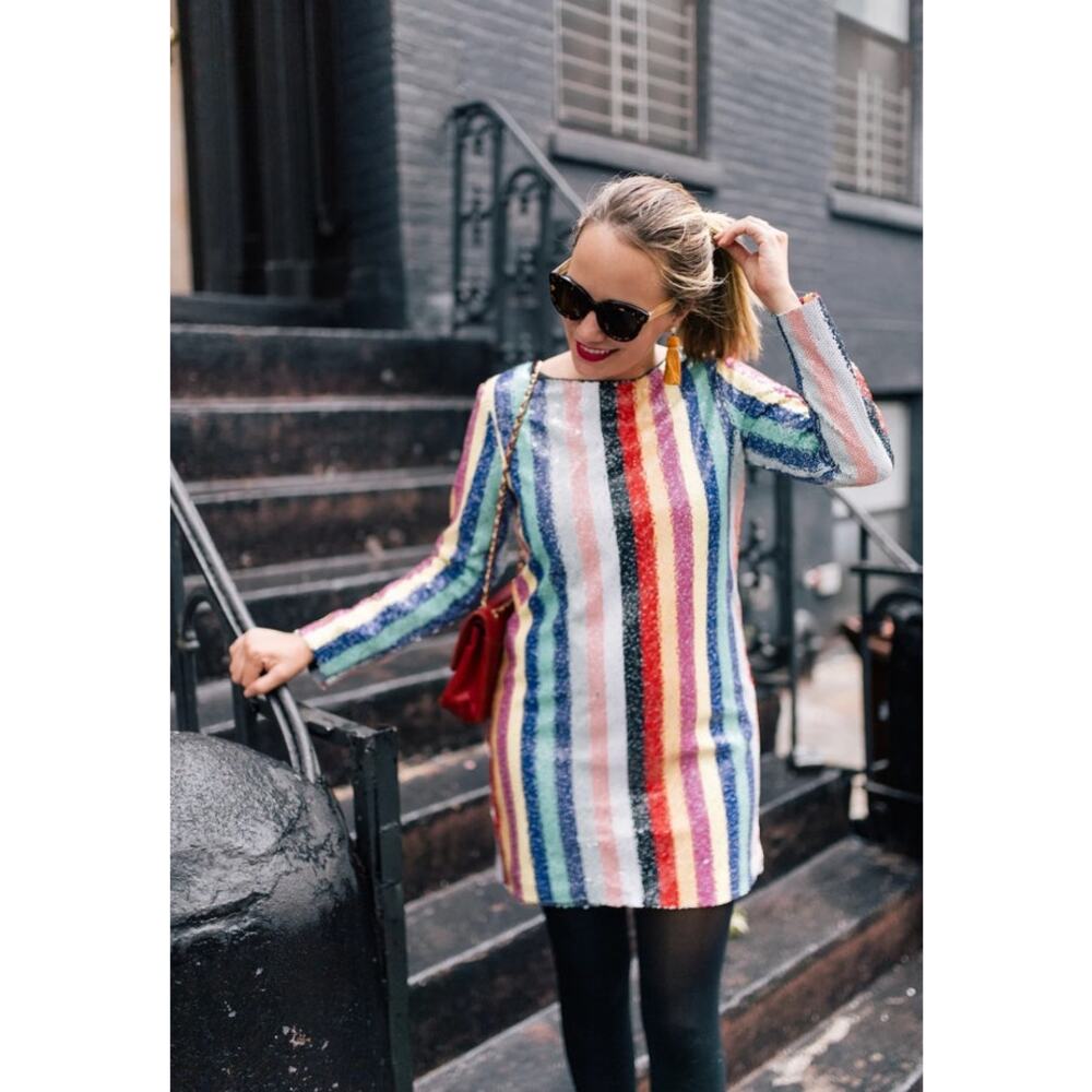 Mestiza New York Sequin Dress Rainbow Striped Shift Mini Womens Sz 4 Multicolor